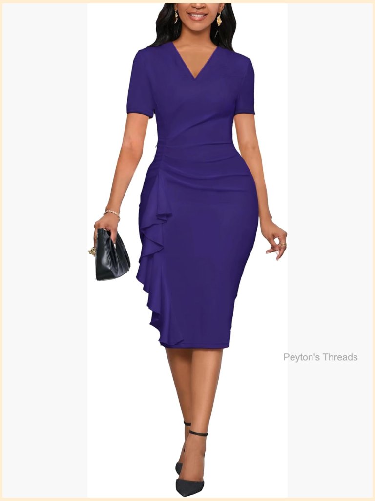 Short Sleeve Bodycon Ruffle Work Midi Pencil Dress With Belt